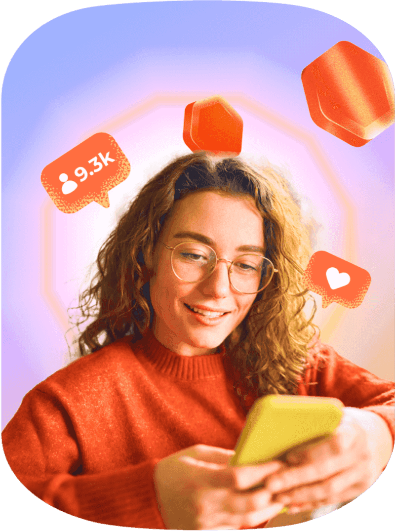 Accelerated Profile Growth - Woman with phone and engagement metrics